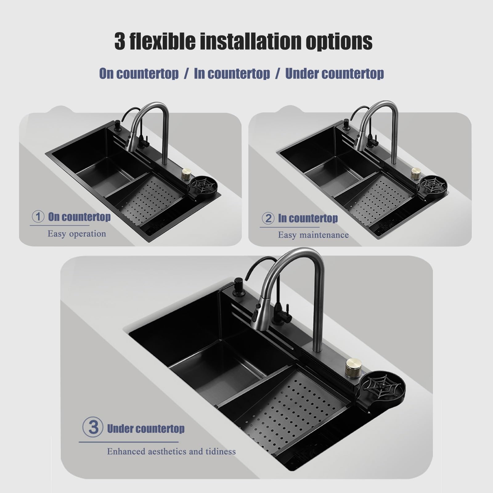 Lavello da Cucina,lavello a Cascata in Acciaio Inossidabile 304 Nero,lavello sottotop con Vasca Singola,Rubinetto Estraibile Flying Rain,Lavatrice e lavabo,per Una Lavanderia Moder