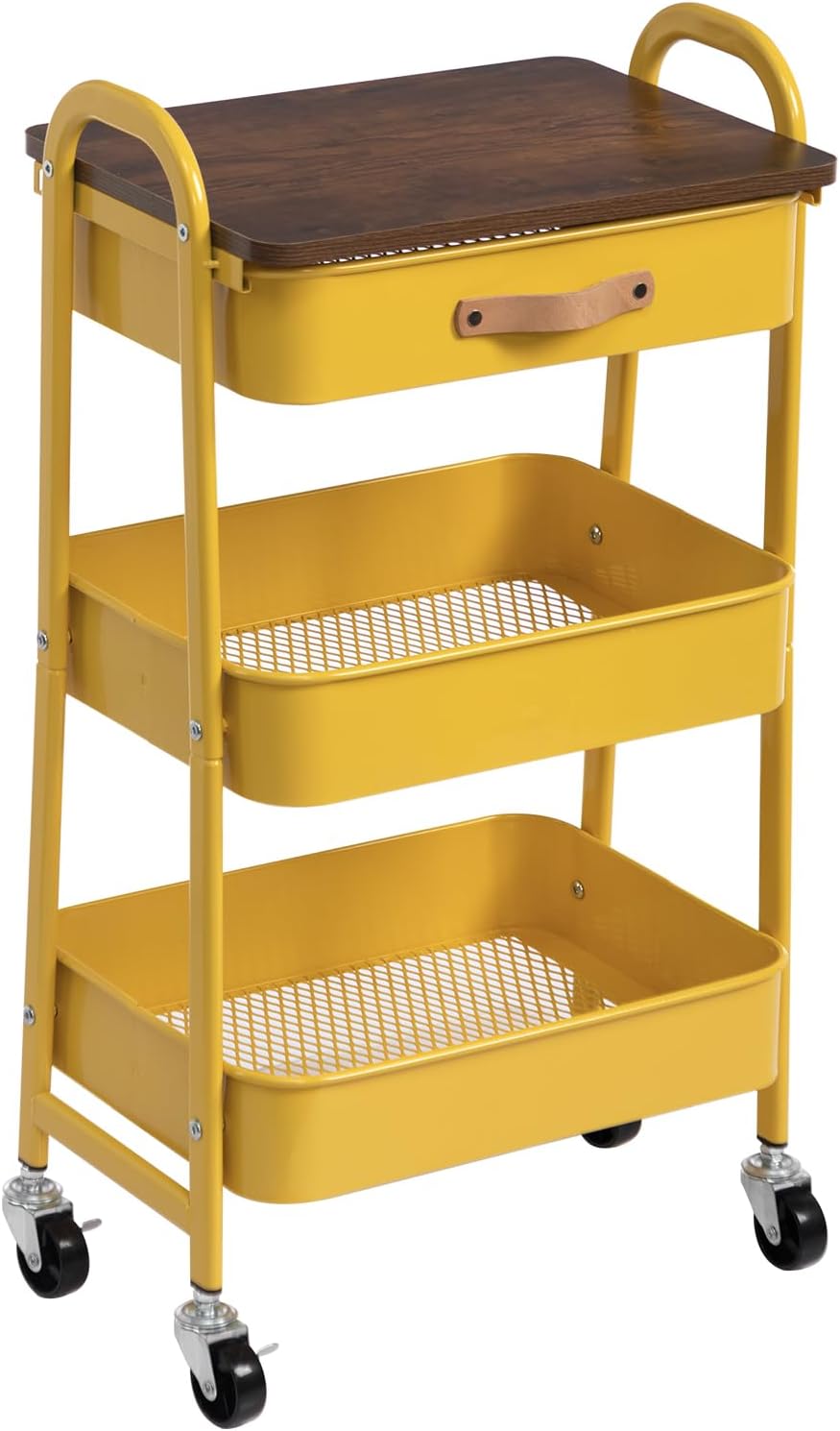 AGTEK Rolling Cart with Drawer, 3 Tier Movable Metal Utility Organizer with Wooden Board, Mobile Trolley Cart for Home & Office, Yellow