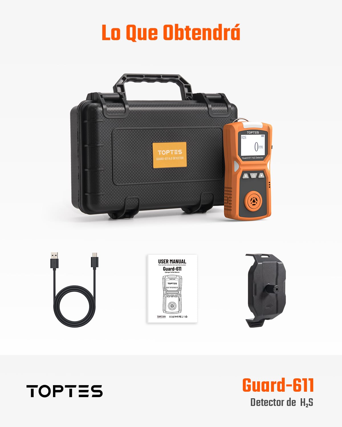 TOPTES Guard-611 Monitor de H2S, Detector de H2S con batería Recargable y autonomía de hasta 5 días, Alerta de batería Baja, diseño Seguro y a Prueba de explosiones, 0-100PPM-Naranja
