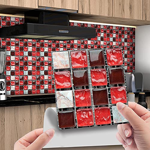 Azulejos Adhesivos Cocina Mosaico Rojo Oscuro Azulejos Adhesivos Baño PET Vinilos Azulejos,Impermeables Baldosas Adhesivas Pared,Vinilo Cocina,Azulejos Adhesivos 10 PC(10x10cm)