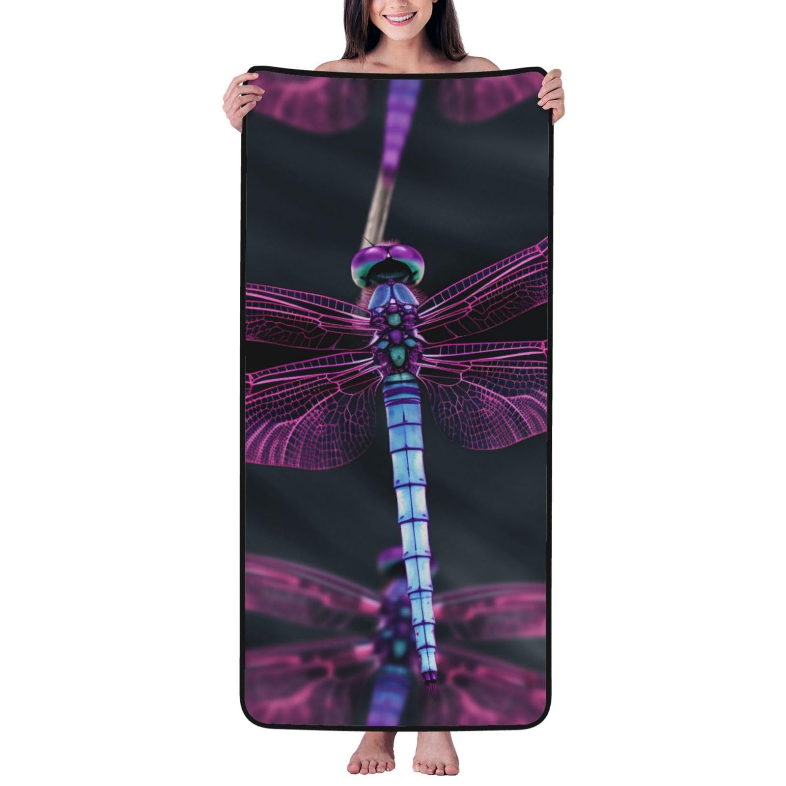 WPKJU Dragonfly Printed Bath Towel with Black Edging - 27x55 in Soft Extra Absorbent Coral Velvet Shower Towels for Bathroom