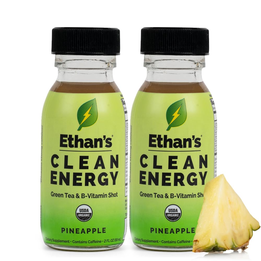 Ethan's Organic Clean Energy Shots Pineapple, 2 Pack of 2oz | 150mg Caffeine | Green Tea, Guayusa, Lion's Mane &amp; Cordyceps | Sugar-Free, Vegan, Gluten-Free, USDA Organic