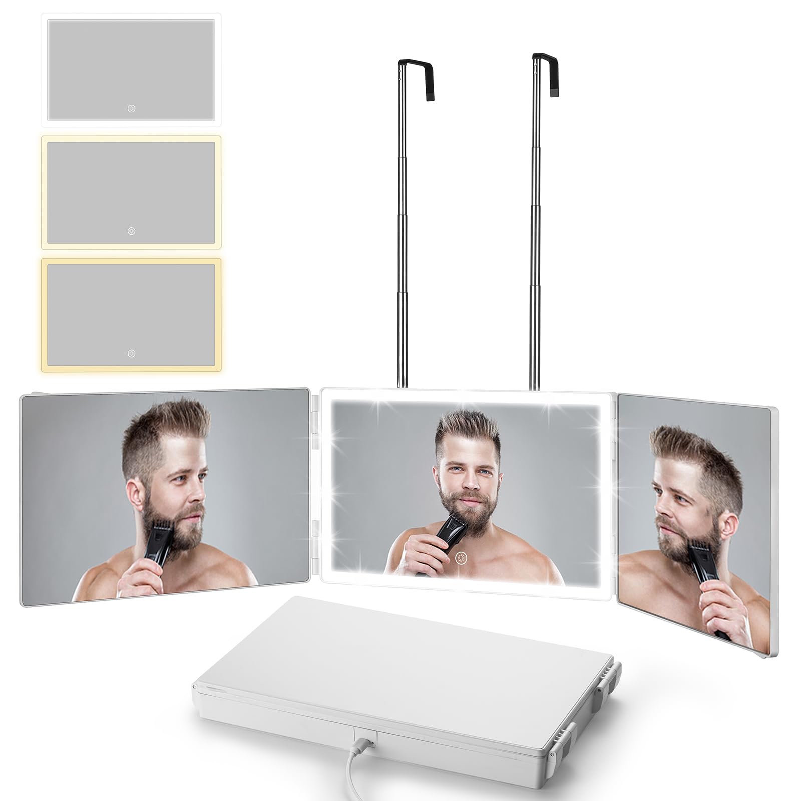 Vanexiss Rechargeable 3 Way Mirror for Hair Cutting, Real Glass Adjustable Trifold Mirror with 3 Color Temps LED Light & Telescoping Hooks for Makeup, Shaving & Styling(White)