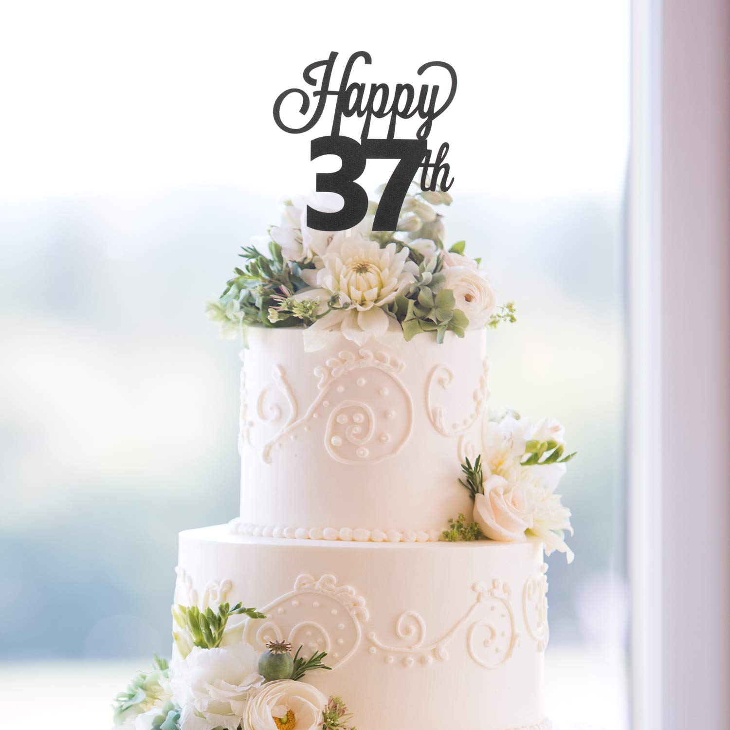 Amazon.com: LINGTEER Happy 37th Birthday Black Cake Topper 