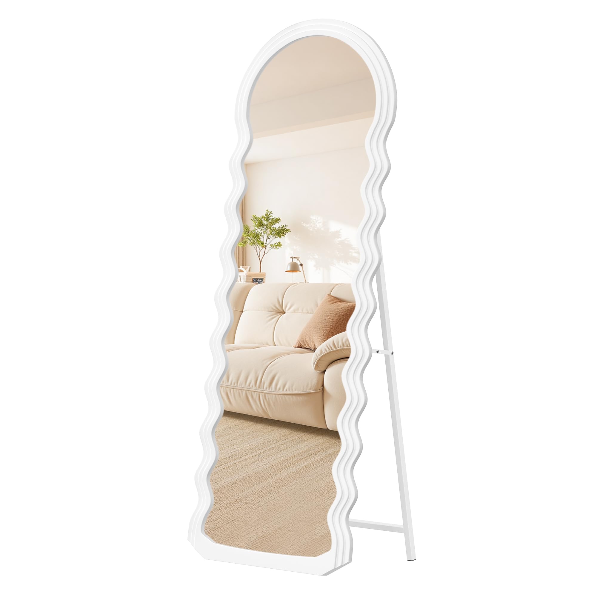 SONGMICS Ganzkörperspiegel, 160 x 50 cm, Standspiegel, wellenförmiges Design, mit Ständer, freistehend, MDF-Rahmen, für Schlafzimmer, Wohnzimmer, Eingangsbereich, wolkenweiß LFM027W01
