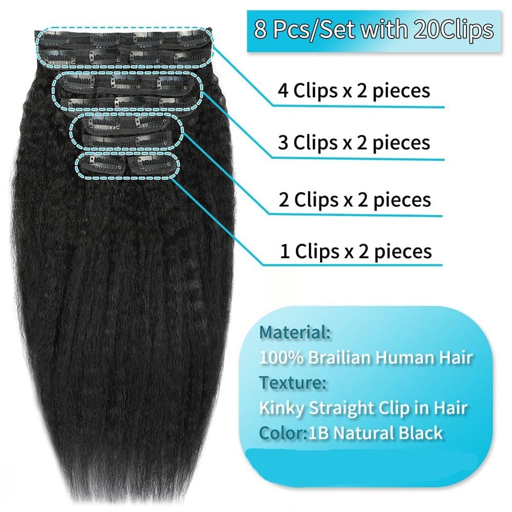 Peruki dla kobiet 10"-26" Kinky Straight Clip in Hair Extensions 8 sztuk/zestaw bezszwowe klipy przedłużanie włosów brazylijskie włosy Remy Yaki proste treski do przedłużania włosów peruki damskie
