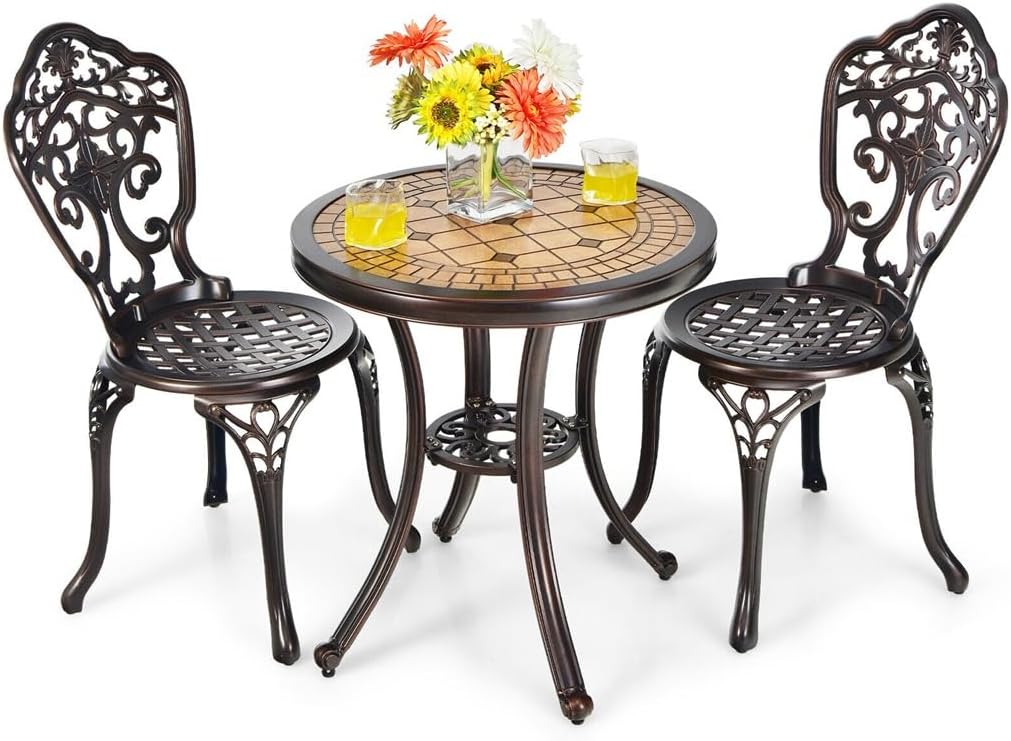 3PCS Patio Bistro Set Round Table Chairs All Weather Cast Aluminum Yard