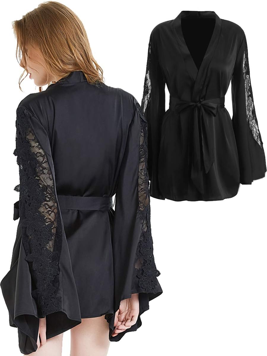 Women's Lace 3D Flower Long Sleeve Bride Bridesmaids Robe Satin Wedding Kimono