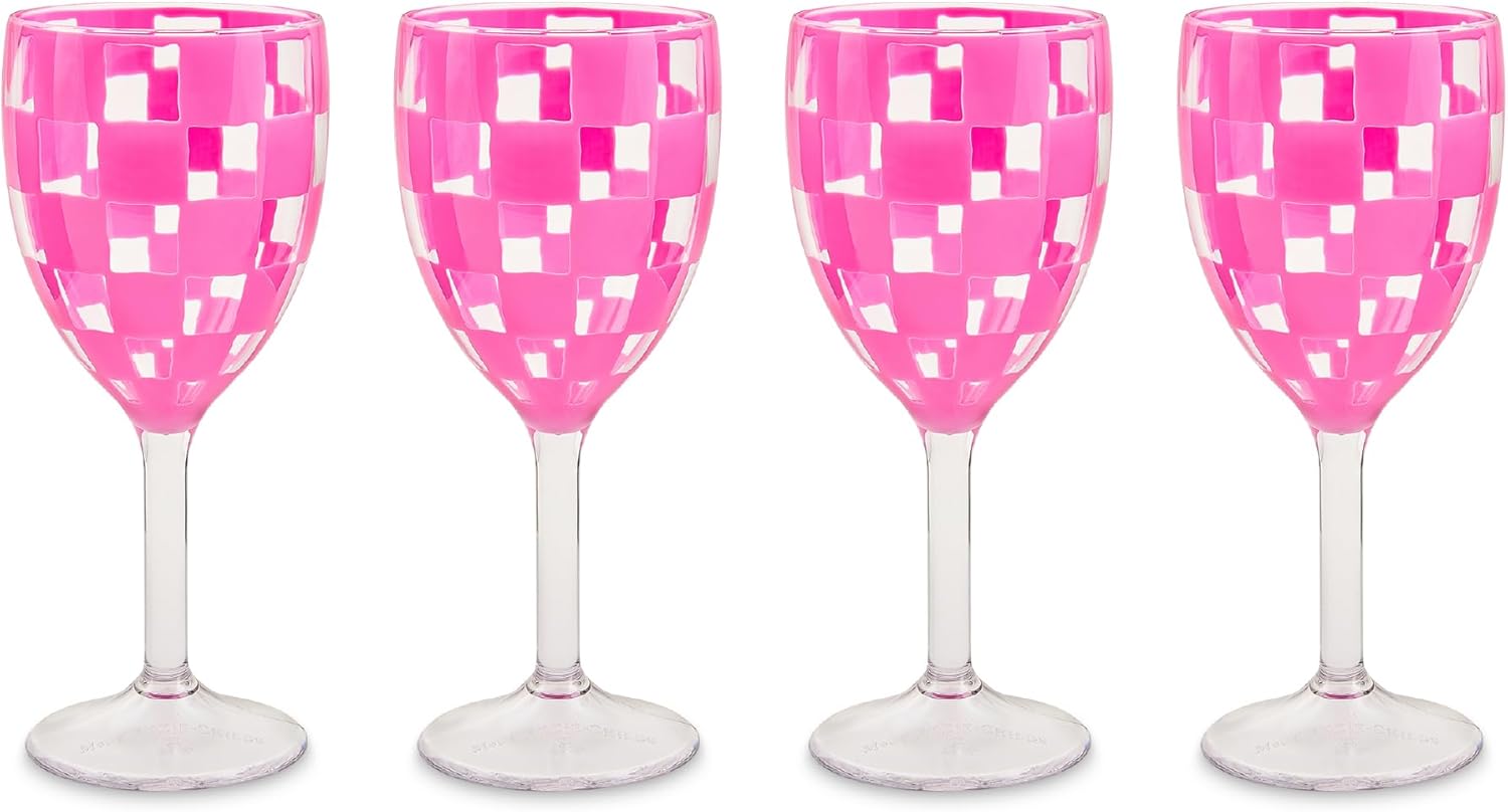 MACKENZIE-CHILDS Set of 4 Acrylic Wine Goblets, Stemmed Drinking Glasses, Decorative Glassware, 12 Ounces, Black Check