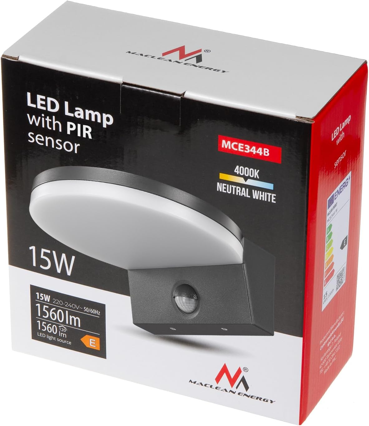 Product packaging for the Maclean MCE344 LED lamp, showing the lamp and key features like 15W, 1560lm, 4000K Neutral White, and PIR sensor.