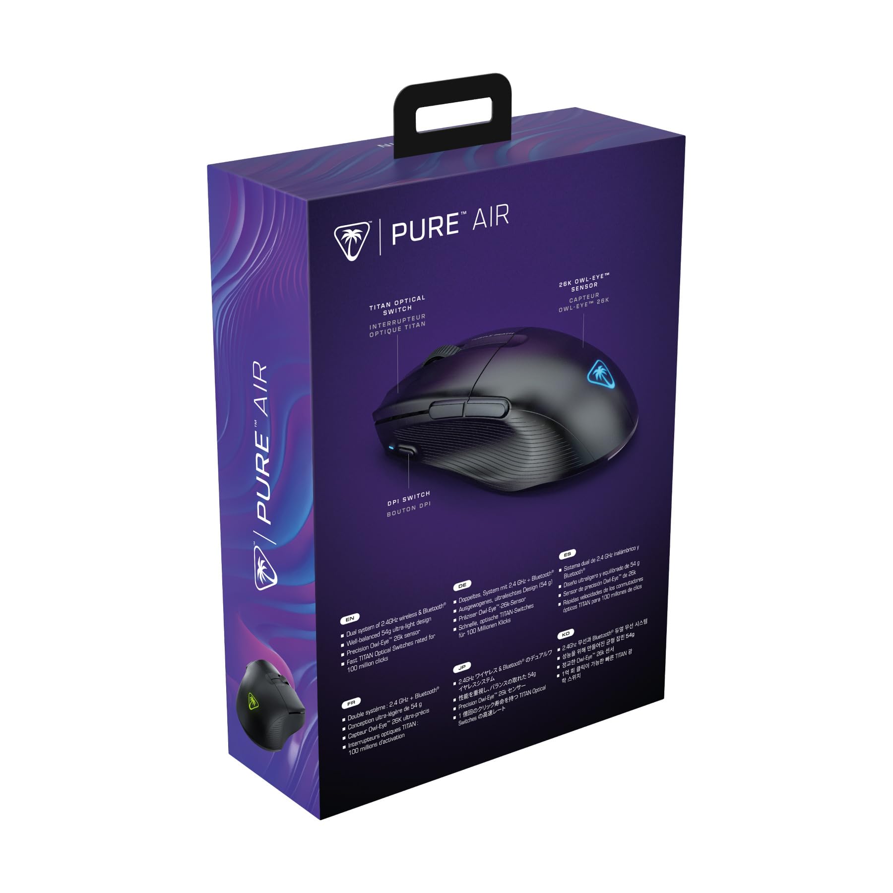 Turtle Beach Pure Air — Ultralekka bezprzewodowa ergonomiczna mysz gamingowa RGB, czujnik optyczny 26K DPI, bateria 125 godzin, dwa tryby łączności bezprzewodowej - Czarny