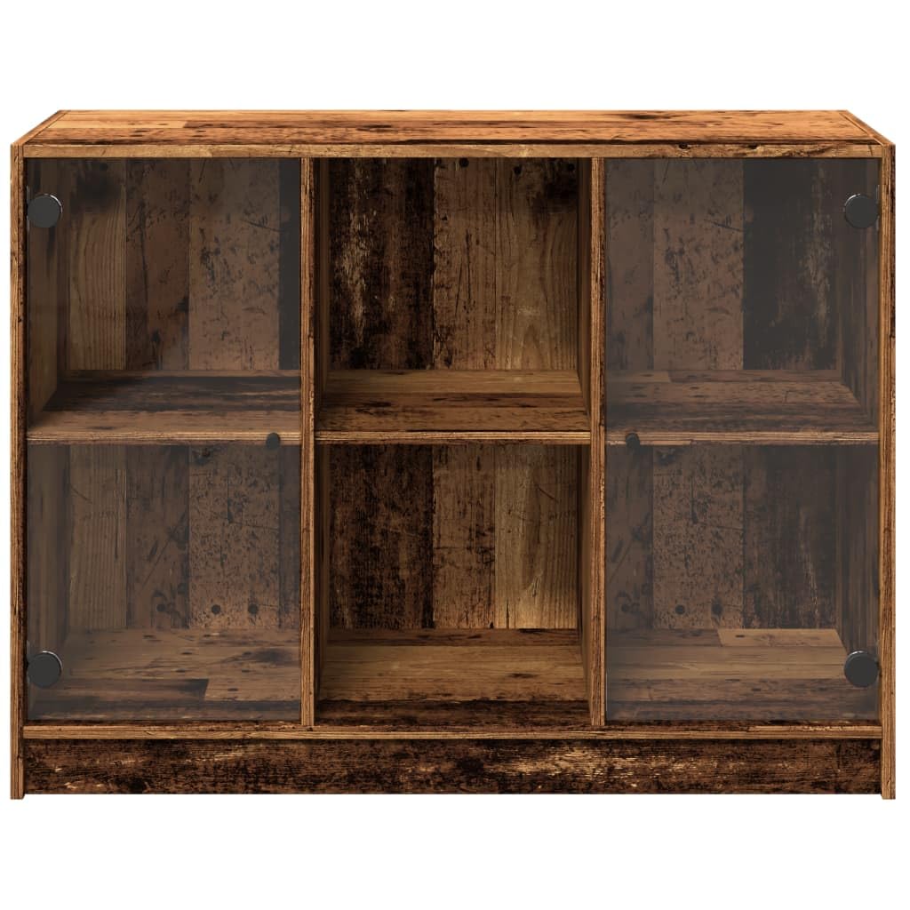 Kredens o wyglądzie starego drewna 102 x 37 x 75,5 cm, materiał drewnopochodny, szkło, z 6 półkami, miejsce do przechowywania książek, jako szafka bufetowa