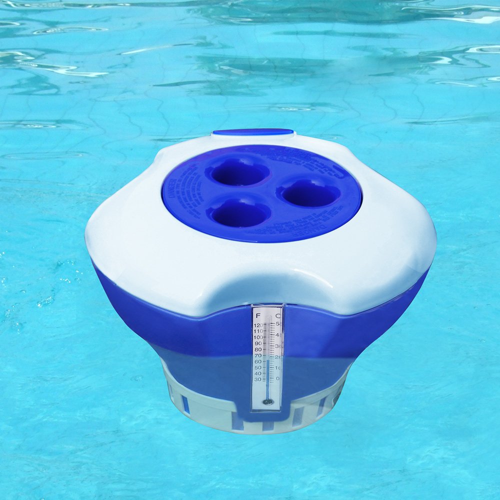 Deuba Dispensador de tabletas de Cloro Ø 17cm dosificador Flotante con termómetro de Agua para Piscina