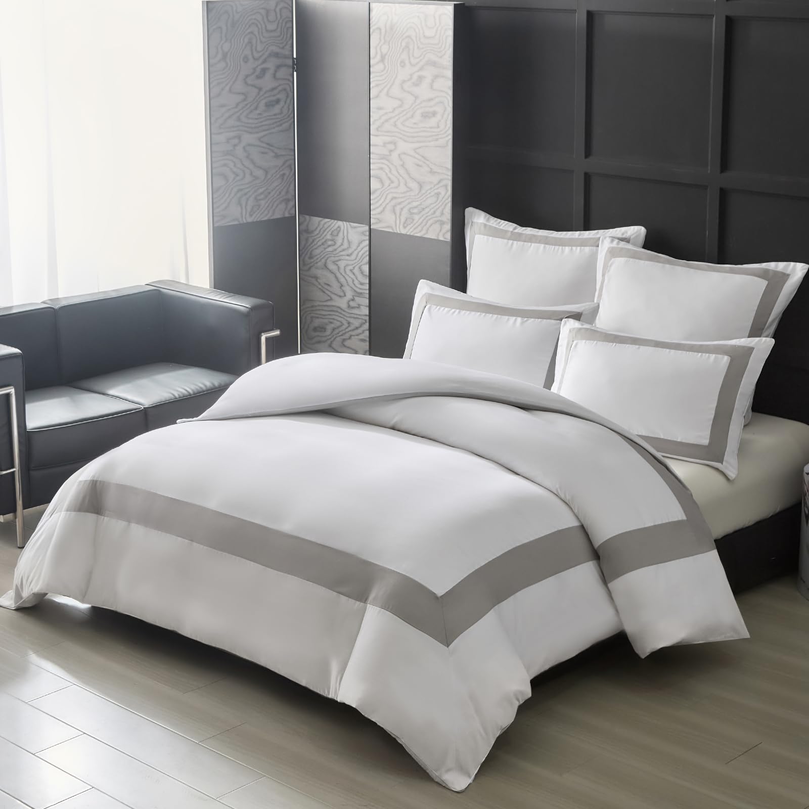 Tokokimo White Double Duvet Cover Set Hotel Quality Bedding Grey Striped Double Duvet Set Ultra-Soft Brushed Polyester (1x Quilt Cover