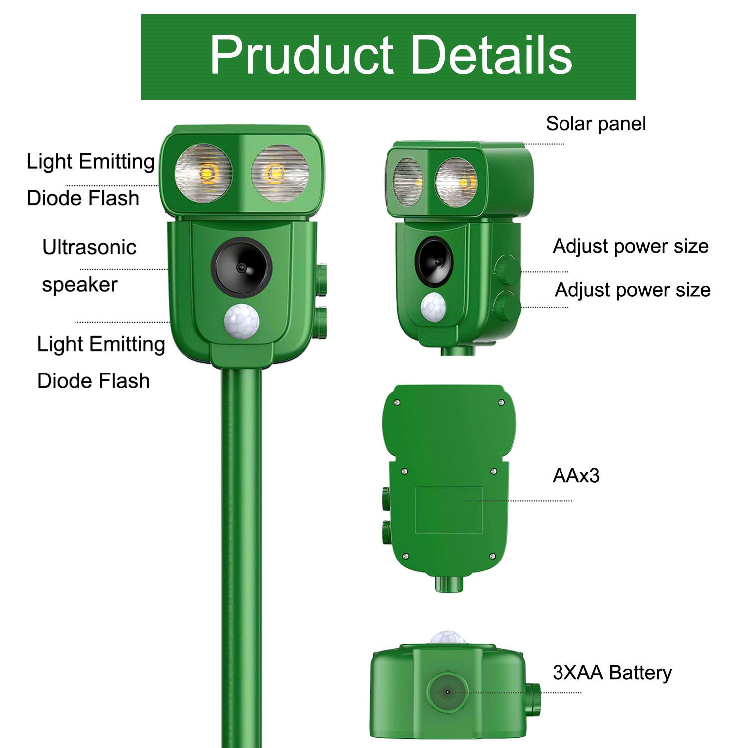 Repelente para Gatos, Repelente ultrasónico energía Solar IP66 Impermeable de frecuencia Ajustable para ahuyentar Animales 5 Modos Ajustables Repelente de Animales Ultrasound Repelente para Animales