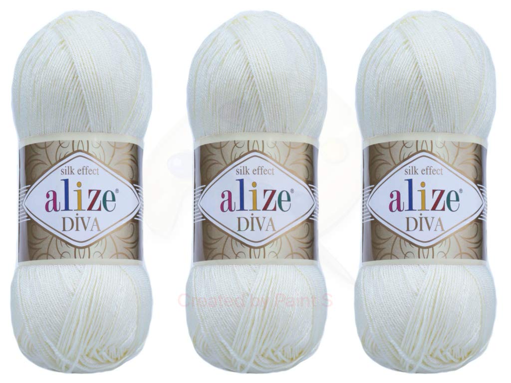 Alize Diva Yarn 100% Microfiber Acrylic Yarn, Silk Effect, Crochet Art Lace Craft, Lot of 3 Skeins, 400gr, 1314yds, Sugar White
