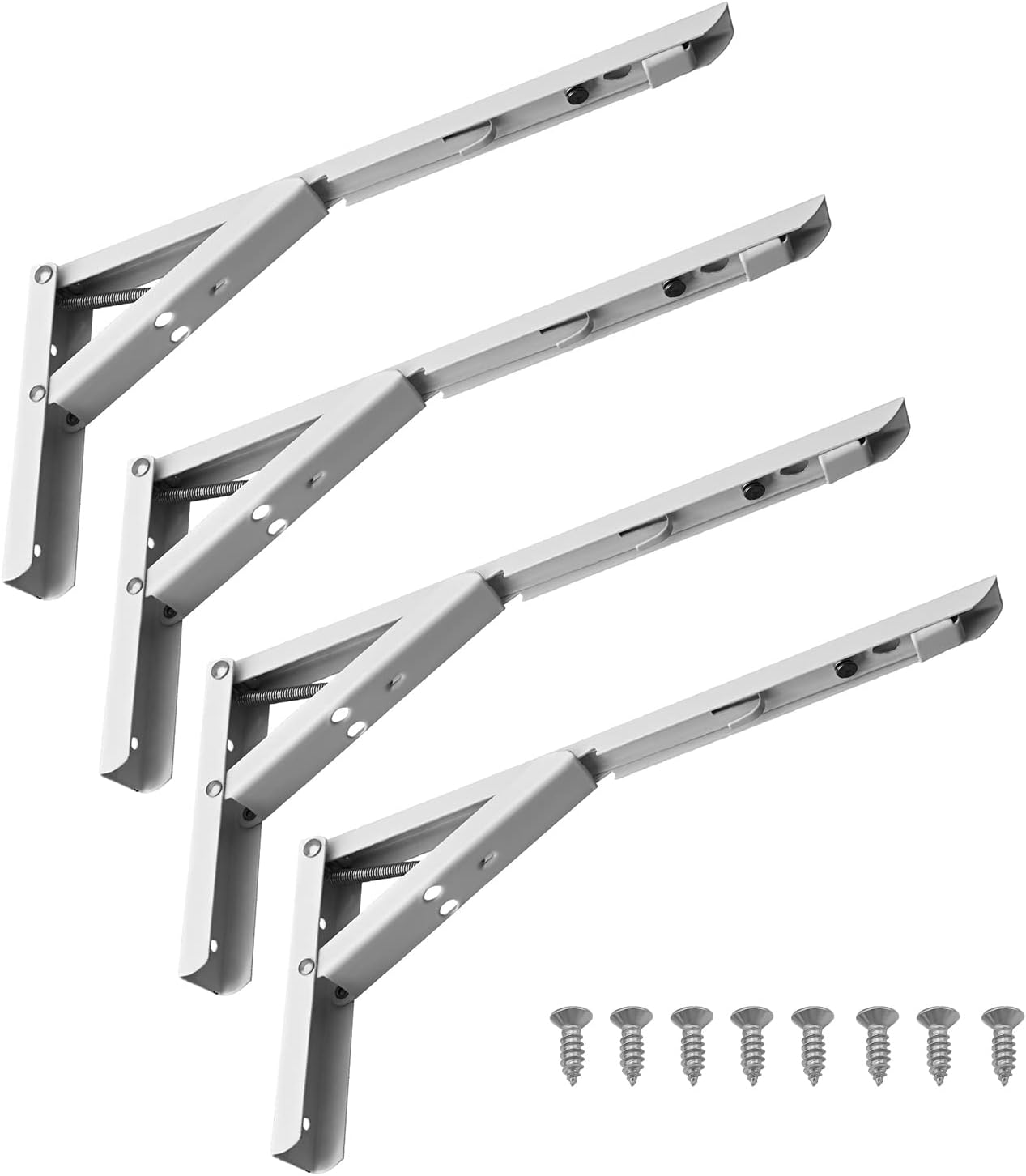 MroMax 9.44Inch Folding Shelf Bracket, Metal White Triangle Spring Loaded Wall Mounting Angle Supports, Pack of 4