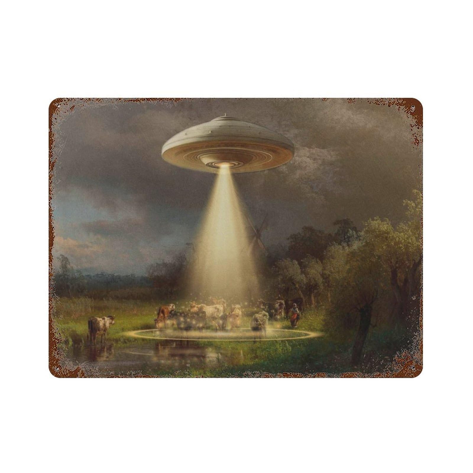xiaoxiaoshen UFO-themed Cow Art, Alien Abduction, Spaceships, And Retro Fun. Wall Decor Art Metal Tin Poster Modern Home Decor Art Home Bar Shop Decorations Vintage Sign 30x40cm