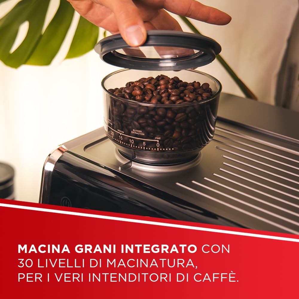 Polti Coffea G50S, Macchina da Caffè con Macina Grani Integrato, per Espresso e Cappuccino, 30 Livelli di Macinatura, Steamymilk Professionale per Montare il Latte, Argento