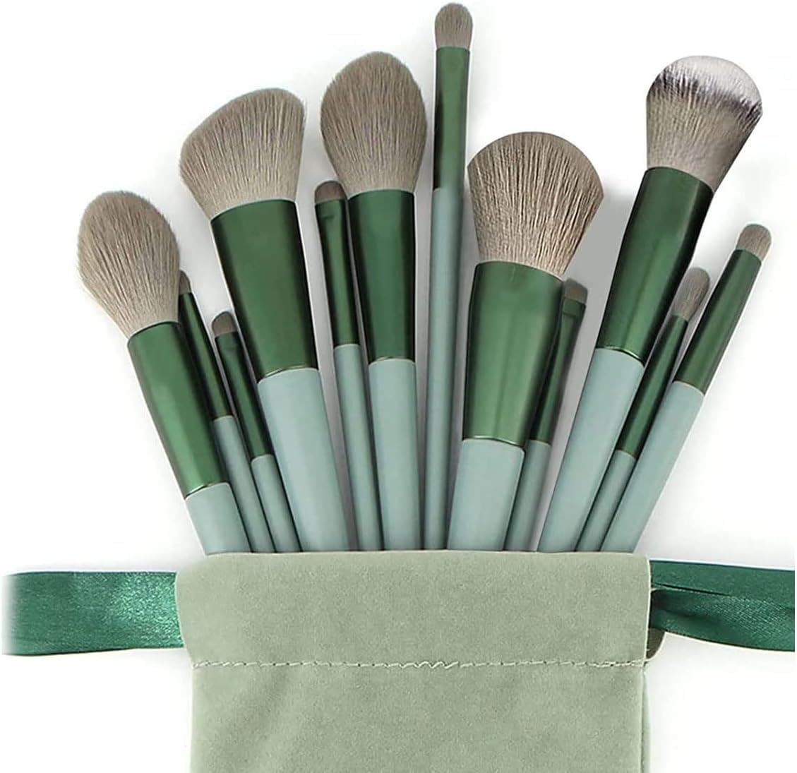 FIRST BEAUTY 13 Pcs Make up Brushes Set, Foundation Powder Concealer Eyeshadow Blush Highlighter Eyebrow Brush Make up Brush Set, Travel Makeup Brushes with Cloth Bag for Beginner and Make up Artist (Green/Brown)