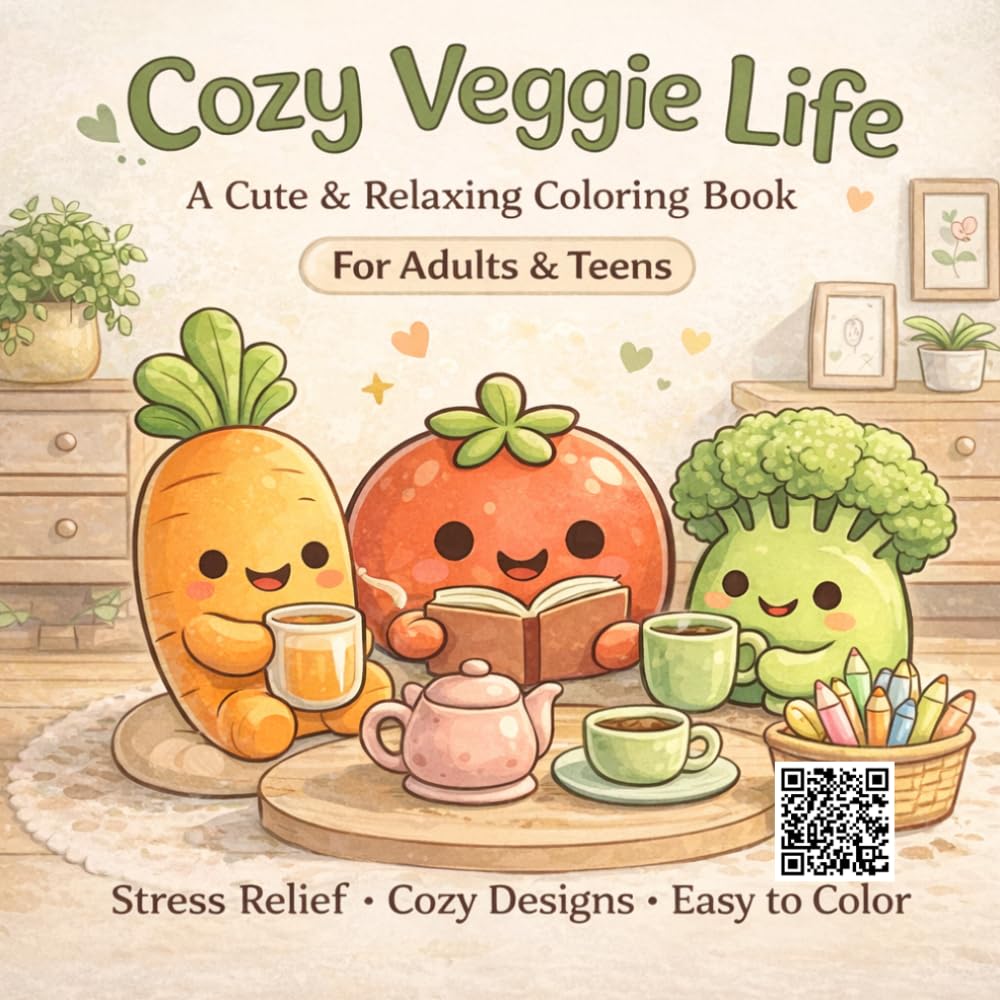 Cozy Veggie Life Coloring Book: Bold and Easy Coloring Book for Adults and Teens Featuring Cute Kawaii Vegetables, Cozy Scenes, Simple Designs for ... and Relaxation (Cute Vegetables on Canvas)