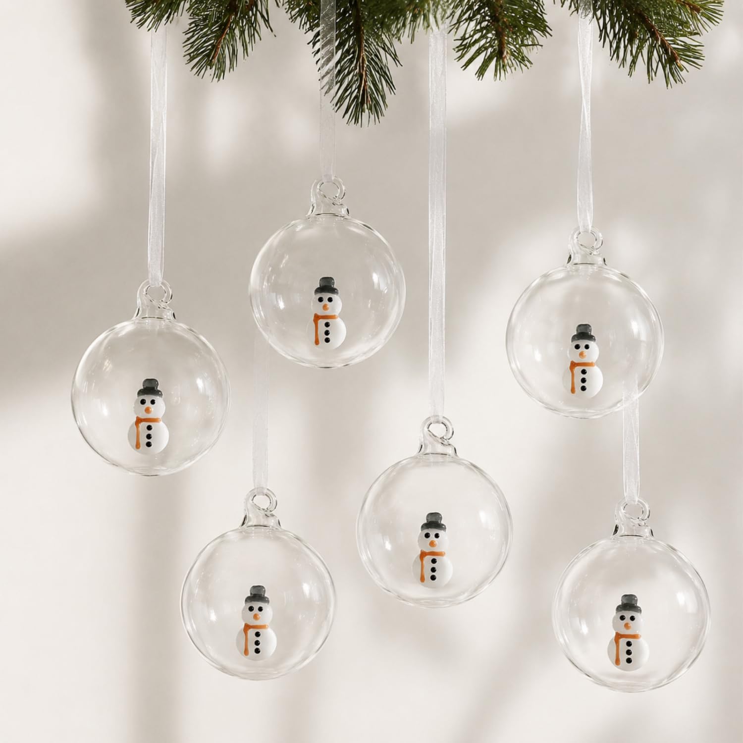 Tigeen Lot de 6 boules de Noël en verre - Cadeau de Noël - Bonhomme de | Décoration d'arbre transparente, icône 3D faite à la main, ruban prêt à accrocher, couronne d'arbre, décoration de fenêtre de