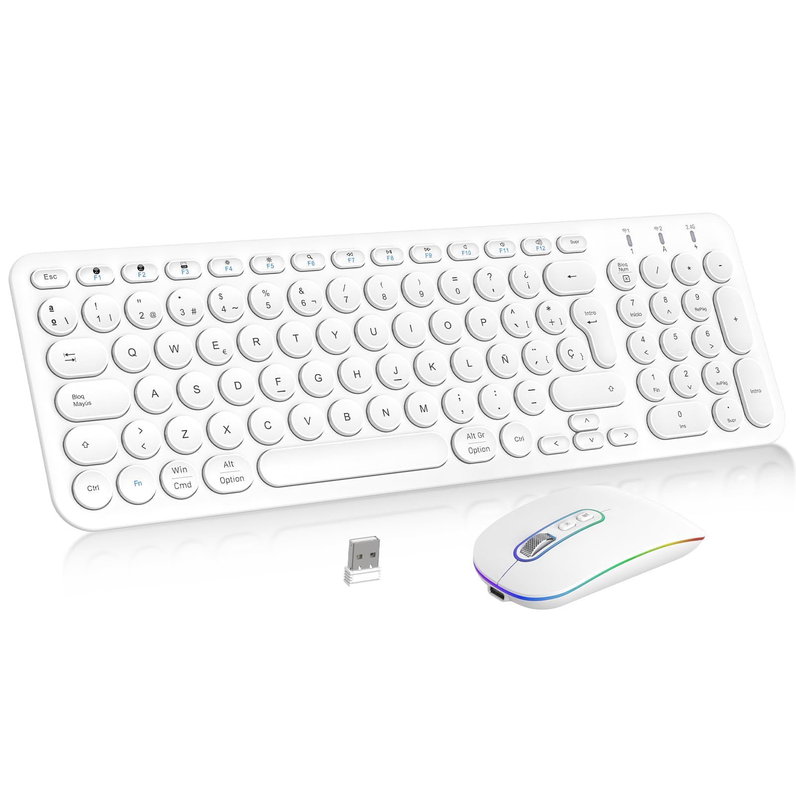 Teclado y ratón inalámbricos, PINKCAT 2.4G Set de Teclado Ultrafino y ratón ergonómico silencioso con 12 accesos directos Multimedia para Ordenador, PC, Tableta, Ordenador de sobremesa (Brillo)