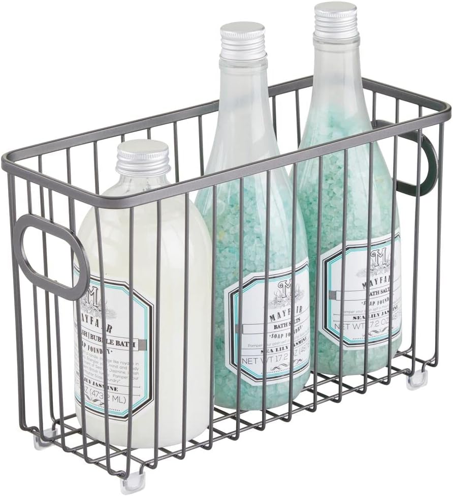 mDesign Metal Bathroom Storage Organizer Basket Bin - Farmhouse Wire Grid Design - for Cabinets, Shelves, Closets, Vanity Countertops, Bedrooms, Under Sinks - Small - Graphite Gray