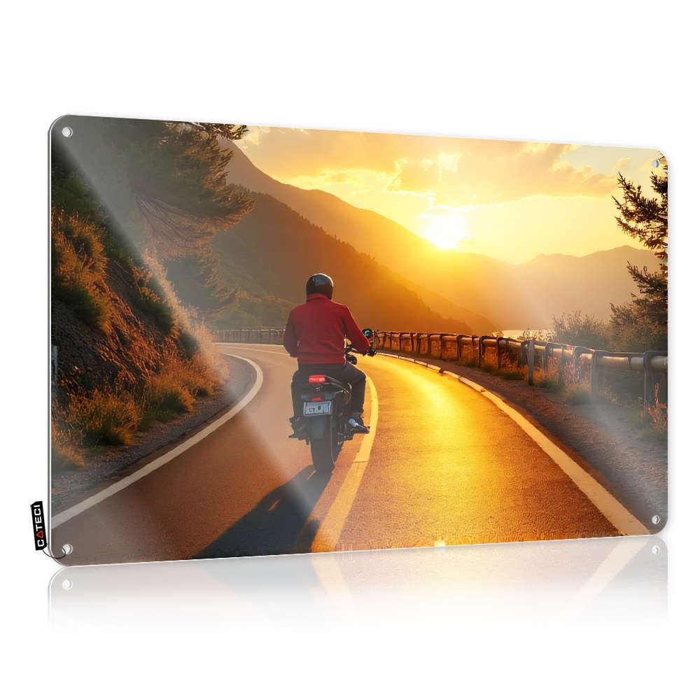 Tinplate Sign Metal Decor Printed Retro & Warning Porch Folded Edge : Motorcyclist Riding On A Scenic Mountain Road During Sunset. Wall For Bathroom | Bar(30X40CM)