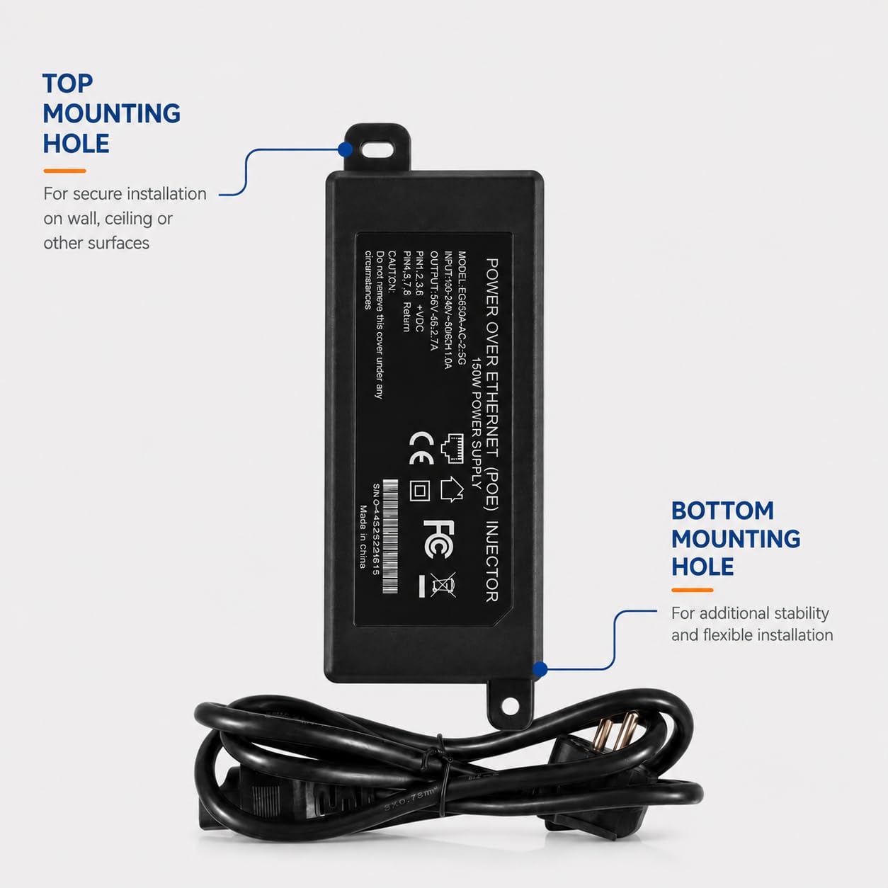 Elfcam - 150W PoE Injecteur 2,5Gb/1,25Gb pour Starlink Gen 3 et Gen 2, Passive PoE Injector avec Protection Contre Les Surtensions 3KV, Play & Plug, Entrée 100-240V AC et Sortie 150W 48V-56V