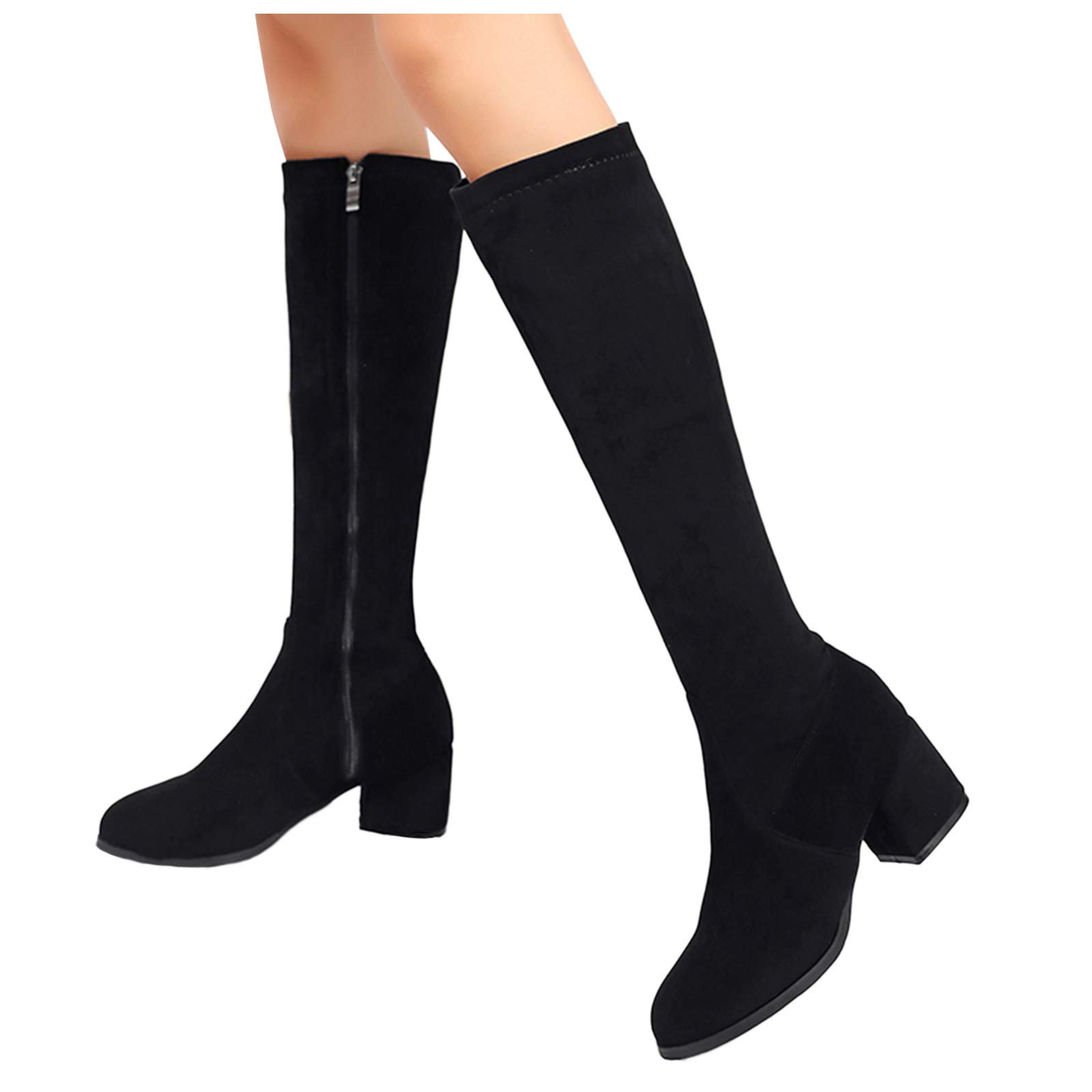 Botas de Montar para Mujer Botas de Cuero para Mujer Botas cálidas de Color sólido para Mujer Tacón Plano Punta Cerrada Forro de Piel Botas de Nieve cálidas de Invierno Botas de tacón Grueso con