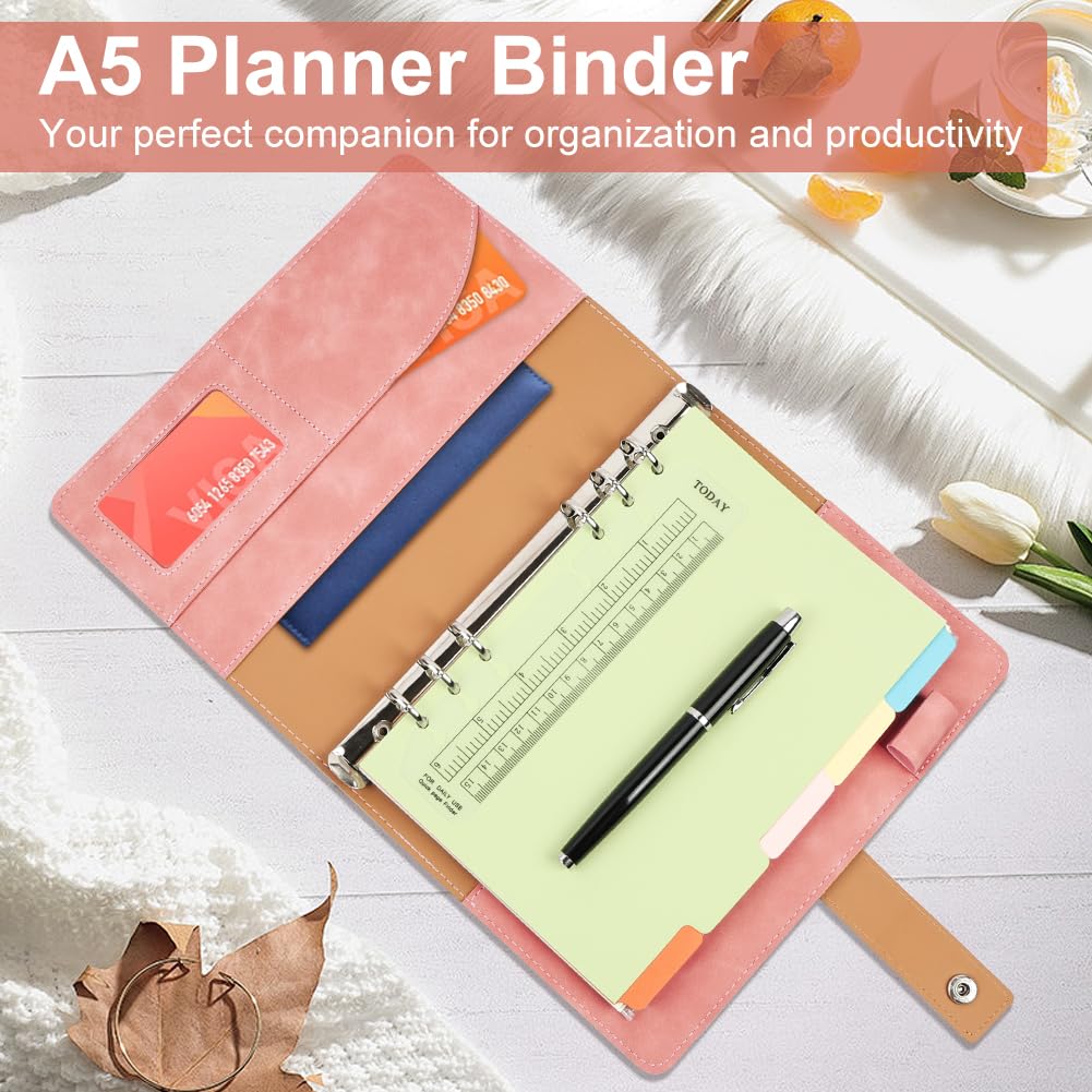ANOMM A5 Ring Binder Notebook PU Leather Diary, Refillable Notebook with A5 Dot Grid Paper & Inner Pockets & Index Divider - Image 4