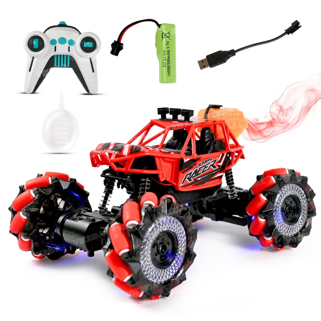 VikriDA 2.4GHz Remote Control Extreme Drift Stunt Car for Kids | 360 Degree Limit, Left & Right Rotation - Red Spray Rock Car