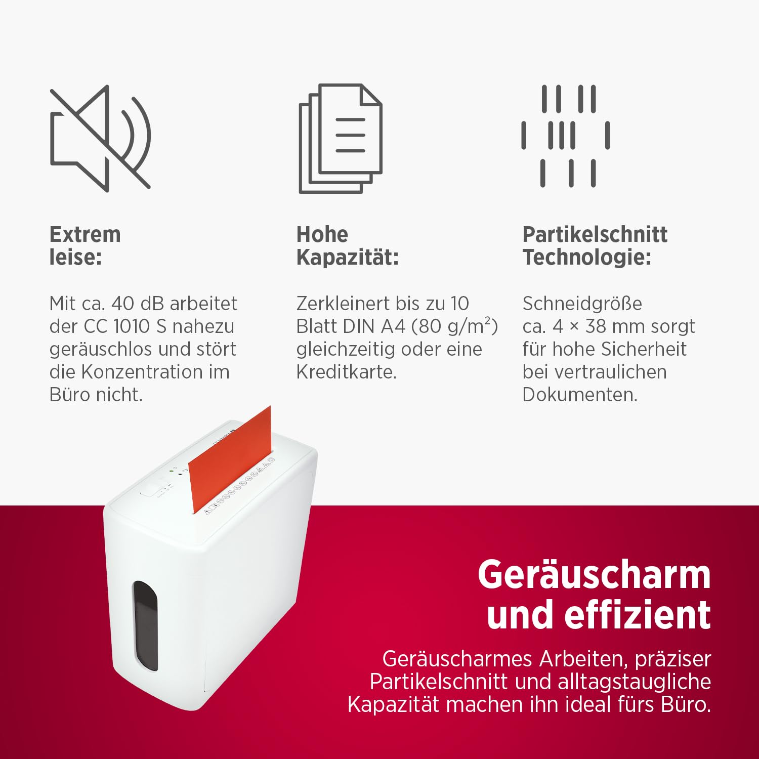 Olympia CC1010S Aktenvernichter 10 Blatt P4 Partikelschnitt – Leiser Papierschredder für Büro & Home Office – Dokumente, Kreditkarten & Papier sicher schreddern – 10 L Auffangbehälter