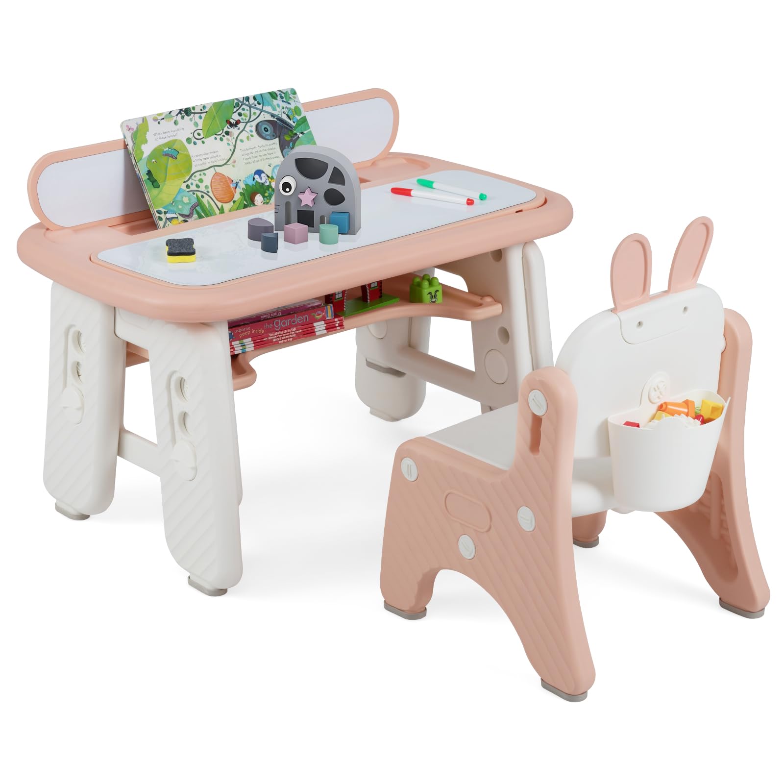 COSTWAY Set Tavolo e Sedia per Bambini, Tavolo e Sedia per Bambini con Mensola Ribaltabile, Lavagna Magnetica Cancellabile, Altezza Regolabile, per Camera da Letto, Sala, Giochi per Ragazzi (Rosa)