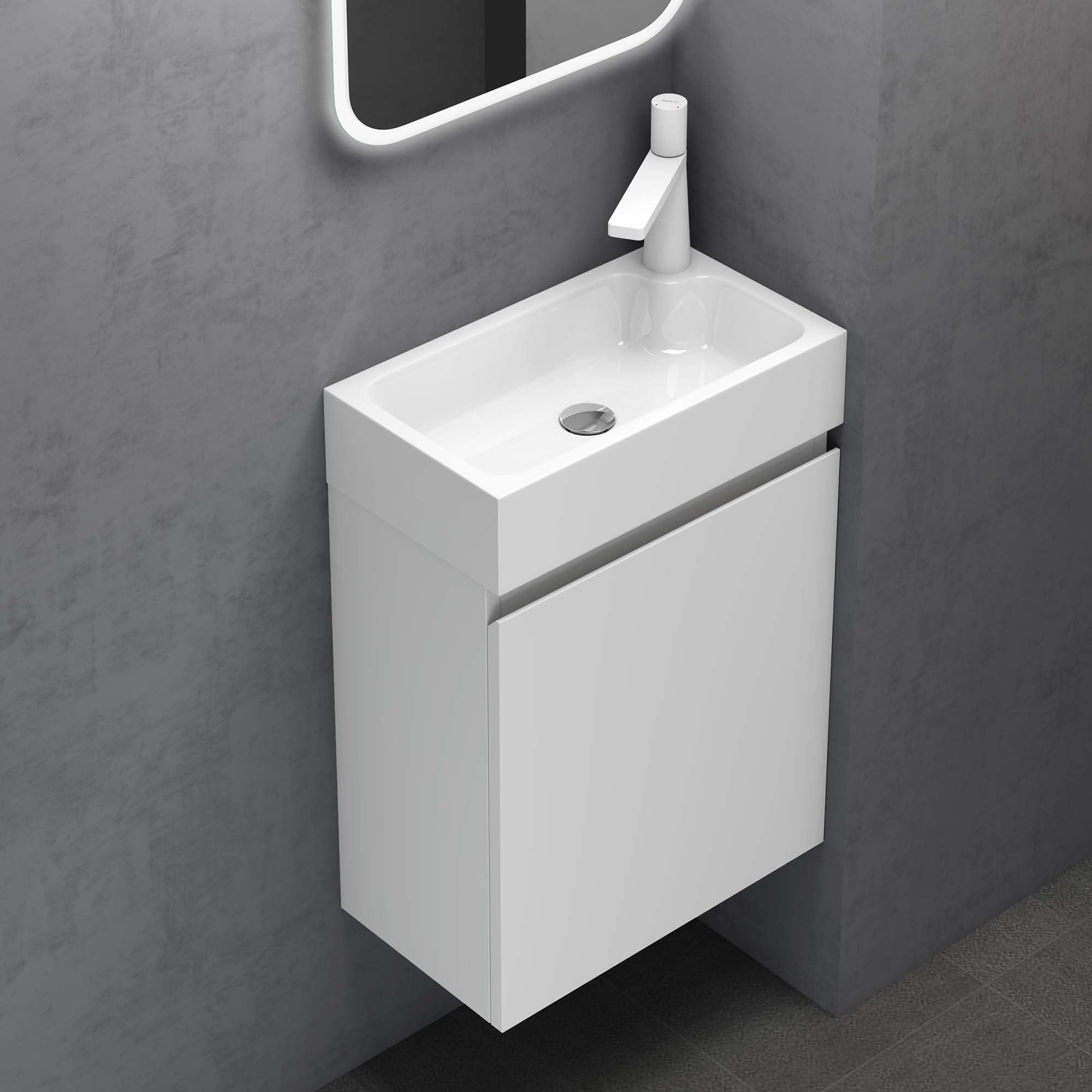 doporro Badmöbel Set Waschtisch mit Unterschrank Waschbecken-Unterschrank für Gäste-WC 46cm in matt weiß Design Waschplatz Wandmontage Pisa 02