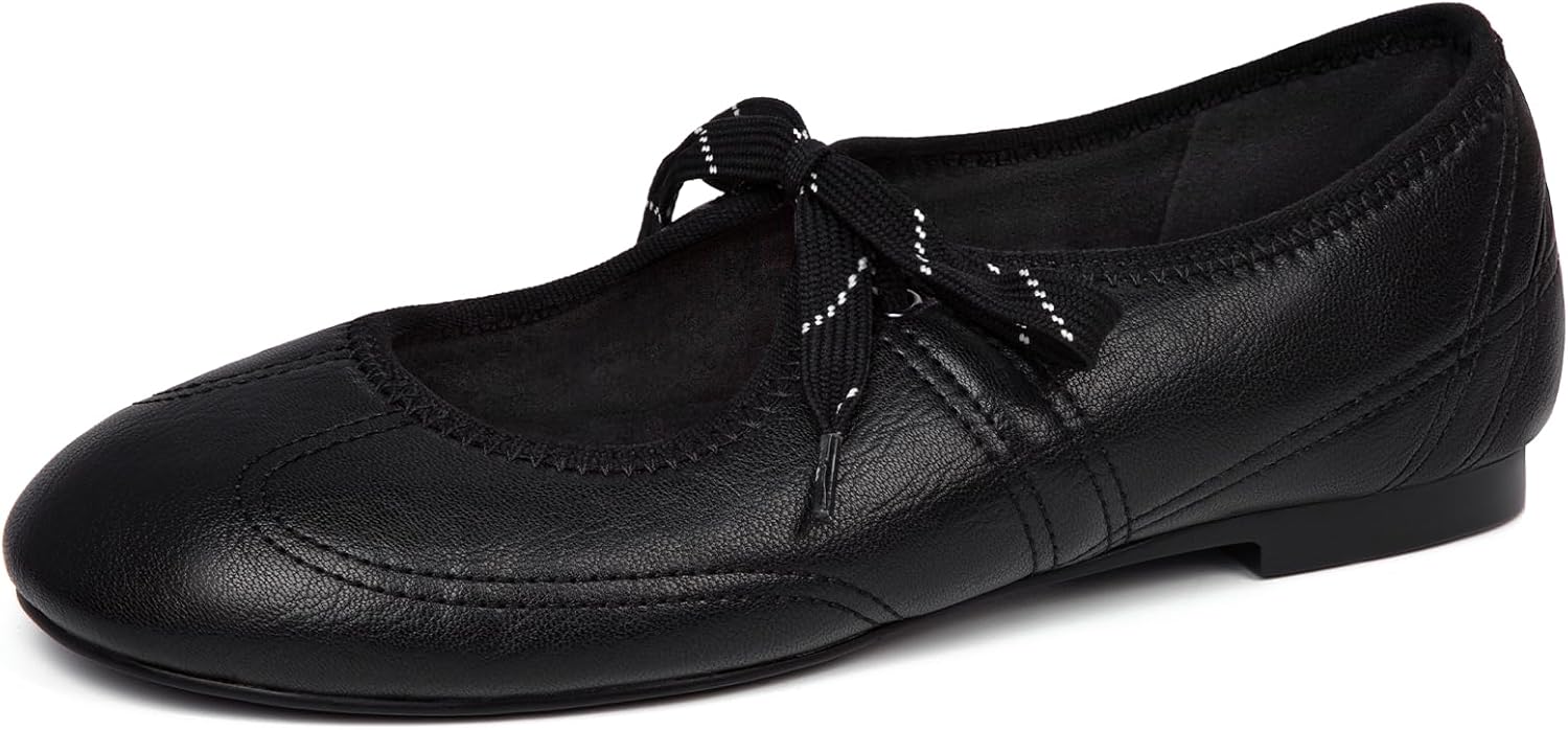 SUIARA Lace up Ballet Flats for Women Round Toe Slip On Mary Jane Flats Comfortable Strappy Ballerina Shoes