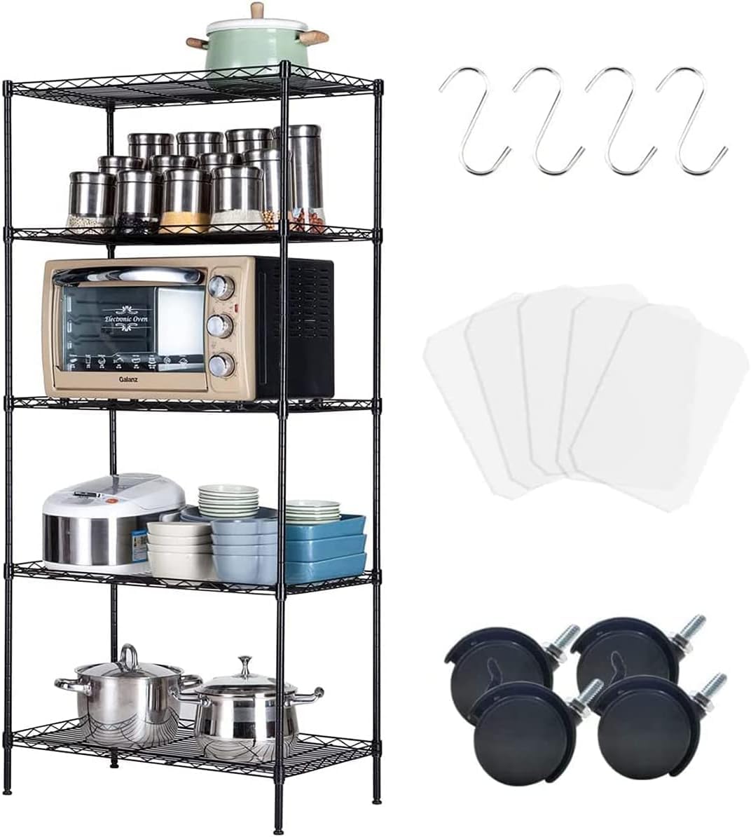 Standing Shelf Units,Solerconm 5 -Tier Shelf Carbon Steel Shelving Unit Adjustable Heavy Duty Wire Shelf Metal Height Shelves Unit Metal Storage Rack Durable Organizer (70X40X150CM, Black)