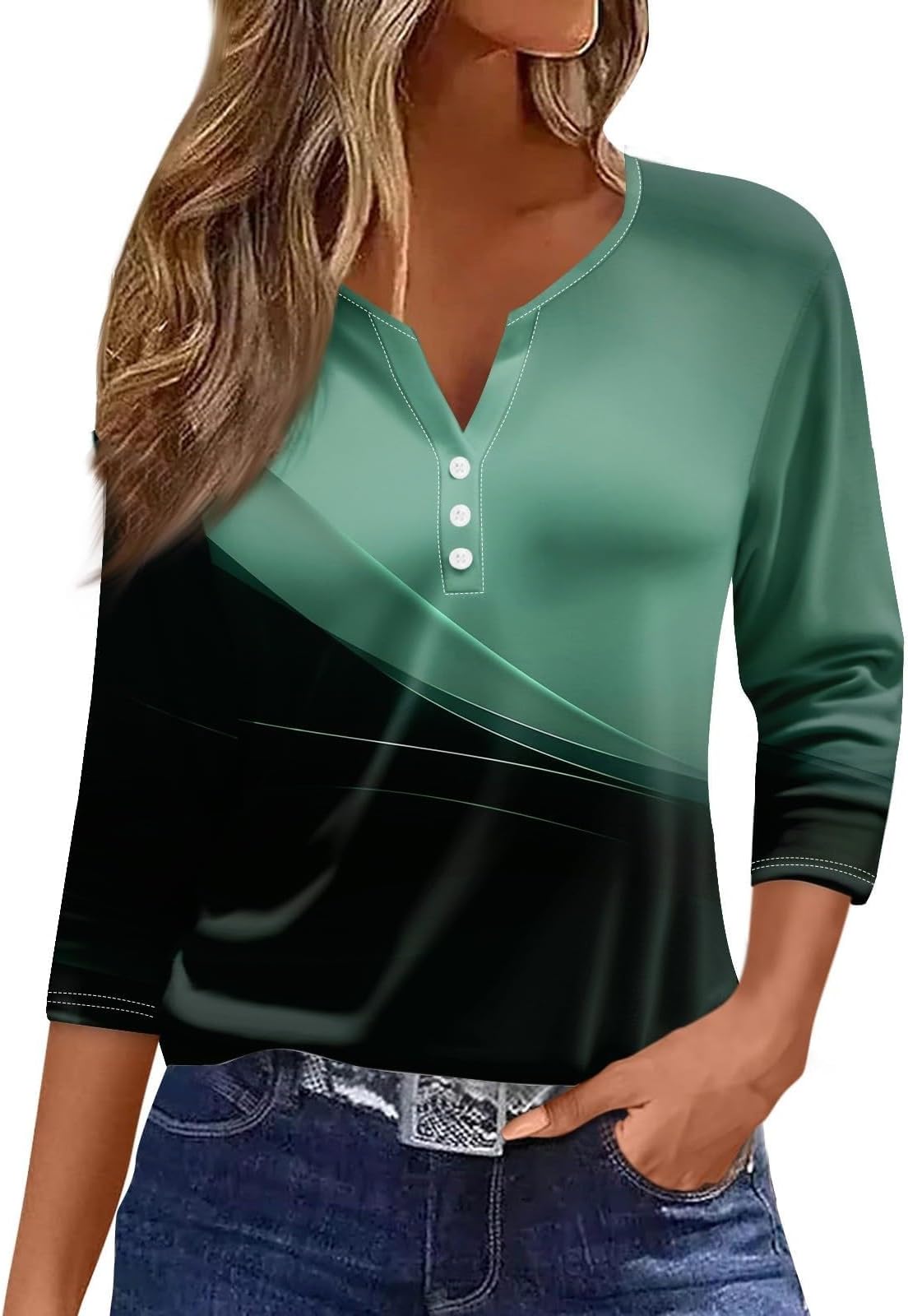3/4 Length Sleeve Womens Tops Button Down V Neck Fashion Loose T Shirt Trendy Casual Henley Collar Tunic Blouses