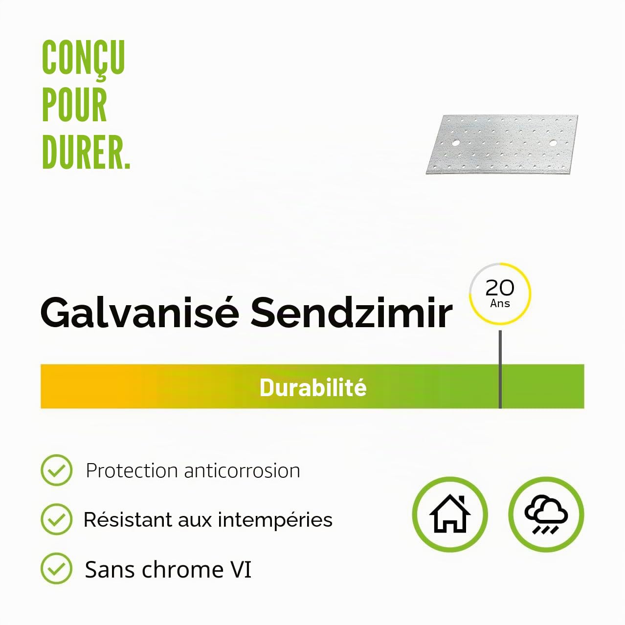 Alberts 847258 Plaque multi-trous | galvanisée Sendzimir | 200 x 80 mm | kit de 25
