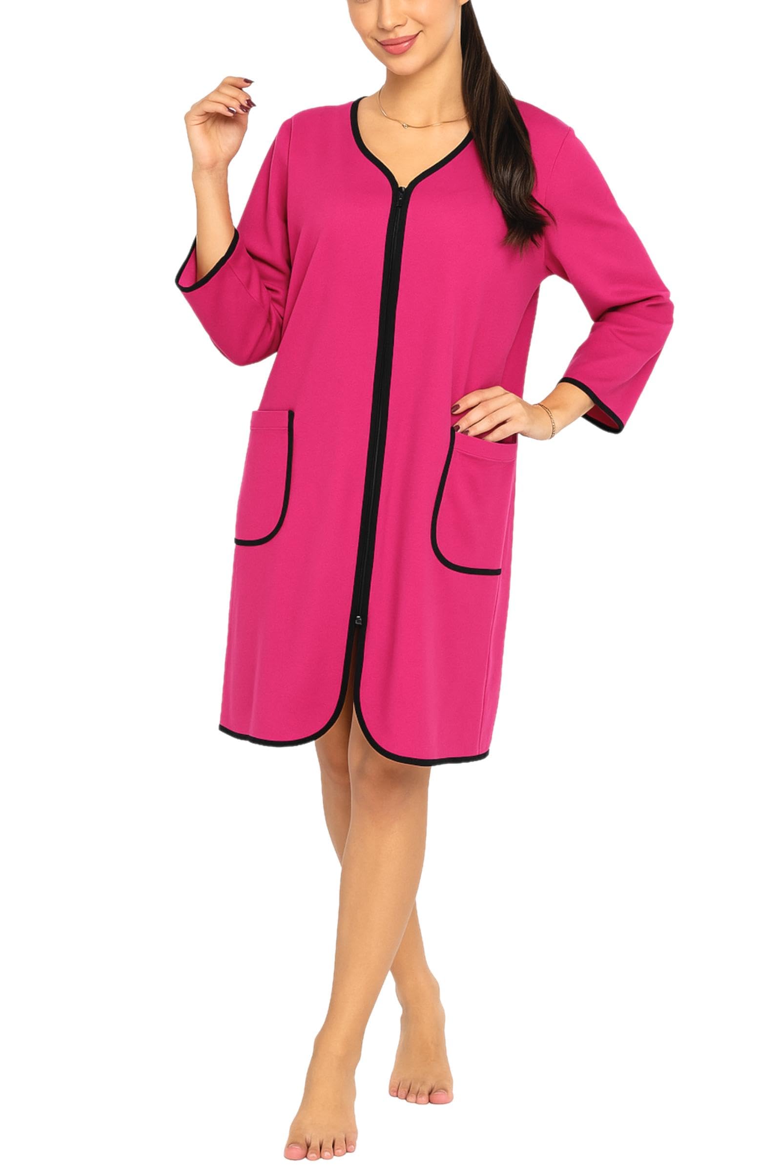 Aquarti Women's Amaranth Bathrobe Dressing Gown With Zipper Housecoat Light 3/4 Sleeves, Xl
