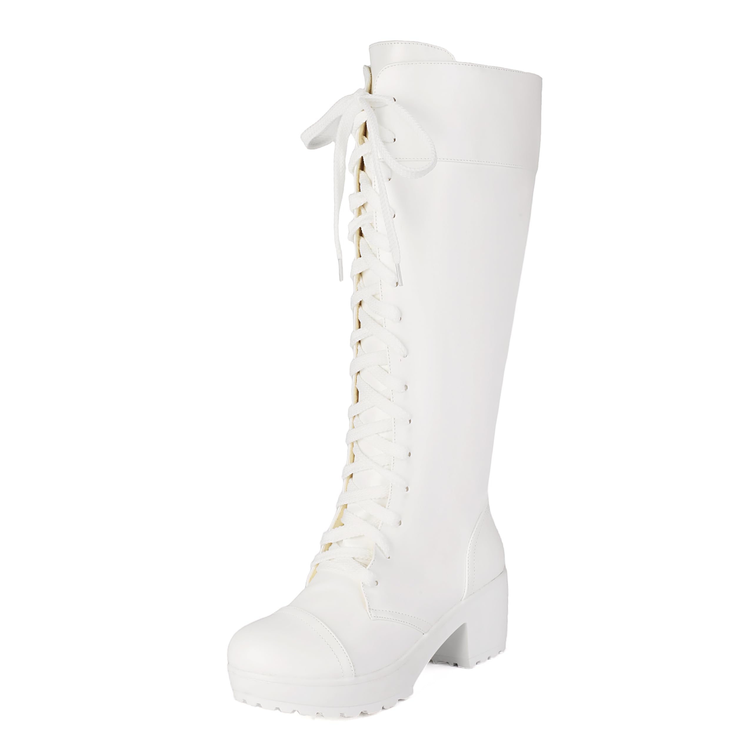 BEAUPAS Women's Knee High Combat Boots Lace-Up Platform Chunky Block Heel Goth Tall Boots