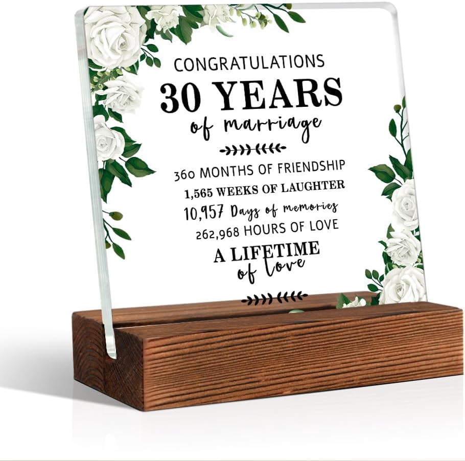 Congratulations 30 Years Of Marriage Acrylic Sign With Wooden Stand, 30th Anniversary Wedding Gifts for Couples, 30 Years of Marriage Gifts for Parents, 30th Anniversary Decorations