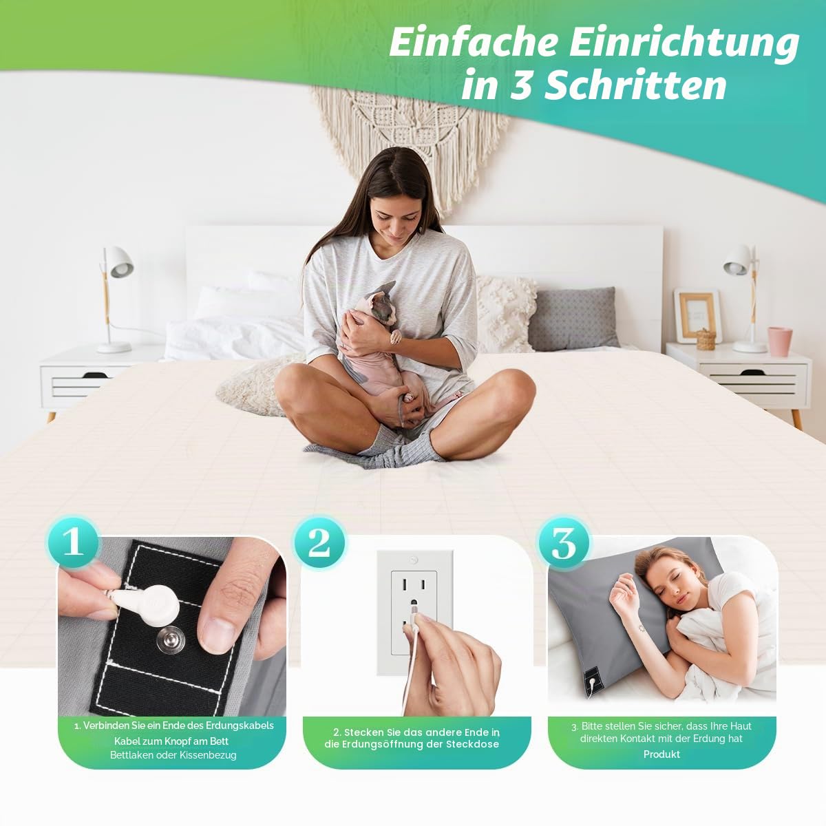 Erdungs-Spannbettlaken Erdungsbettlaken mit EU Erdungskabel Erdungsmatte Erdungsbetttuch für Besseren Schlaf (Beige, 90-100x203cm)