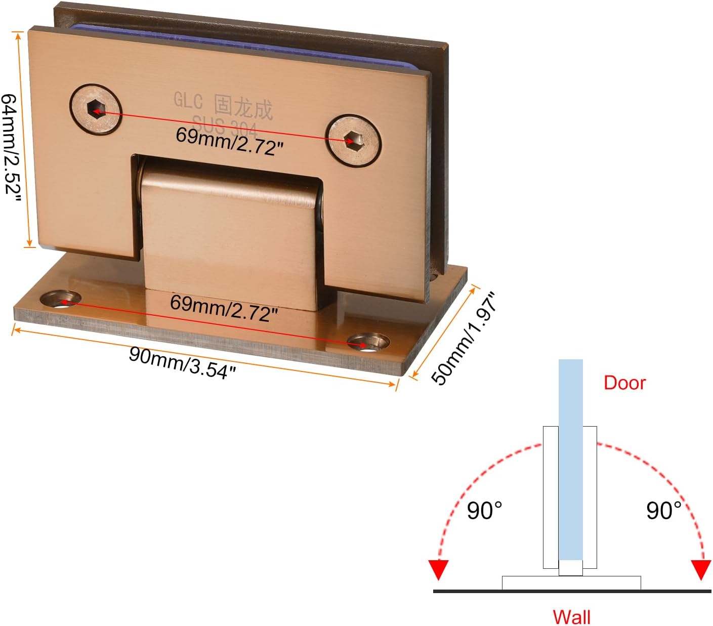 uxcell 90 Degree Glass Door Hinge 2pcs for 8-12mm(0.31"-0.47") 304 Stainless Steel Cupboard Showcase Cabinet Door Hinge Glass Clamp, Rose Gold