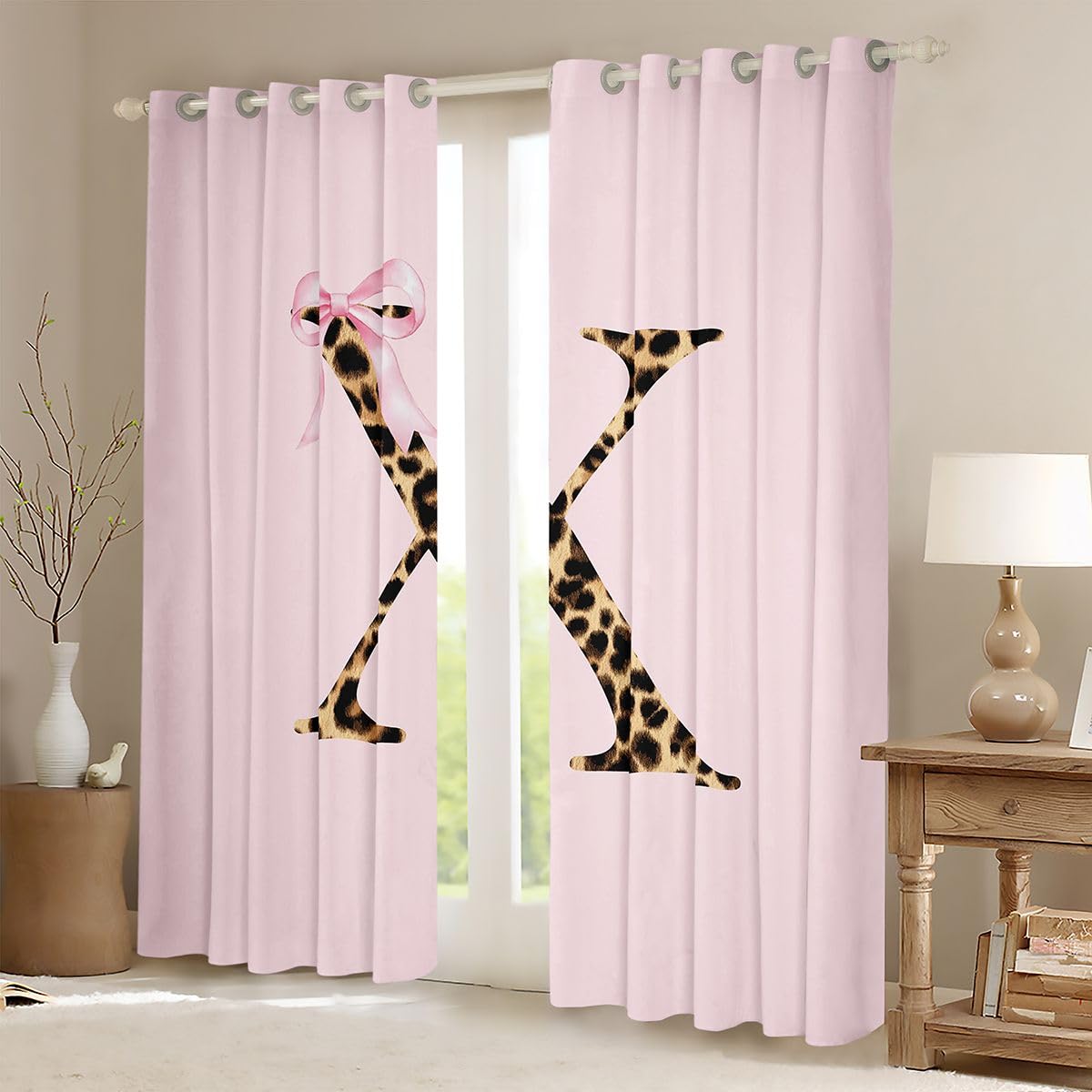 Homewish Homwish - Tende per finestre personalizzate con iniziale, 117 x 183 cm, 2 pannelli, con fiocco rosa, stampa leopardata, tende moderne e alla moda per camera da letto