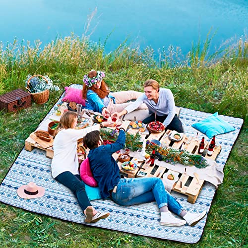 Extra-Large79-x-83-Picnic-Blanket-3-Layer-Thicking-Outdoor-Camping-Blanket-Machine-Washable-Beach-Blanket-Waterproof-and-Wear-Resistant-Soft-and-ComfortableBoho-Blue