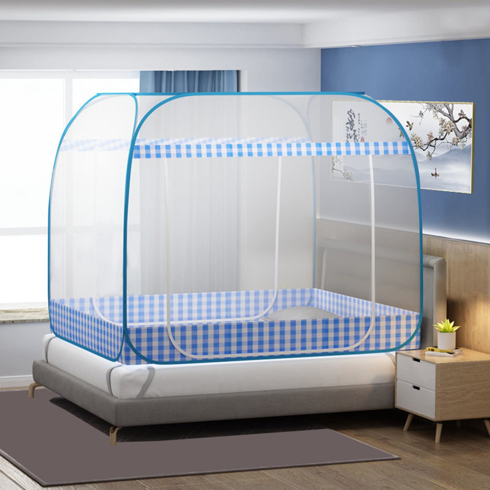Mosquitera, Dosel para Cama, mosquiteras portátiles de Viaje, Cortina Plegable de Doble Puerta para Acampar con Cremallera de 360° previene eficazmente Moscas, Mosquitos, etc. (Azul, 70,8 x 78,7 x 6