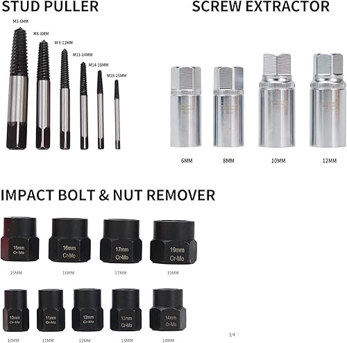 Miniatura 2 de Luckyway Juego de 19 piezas de extractor de tornillos, pernos y tuercas, para tubos de agua dañados con tornillos y tuercas rotos