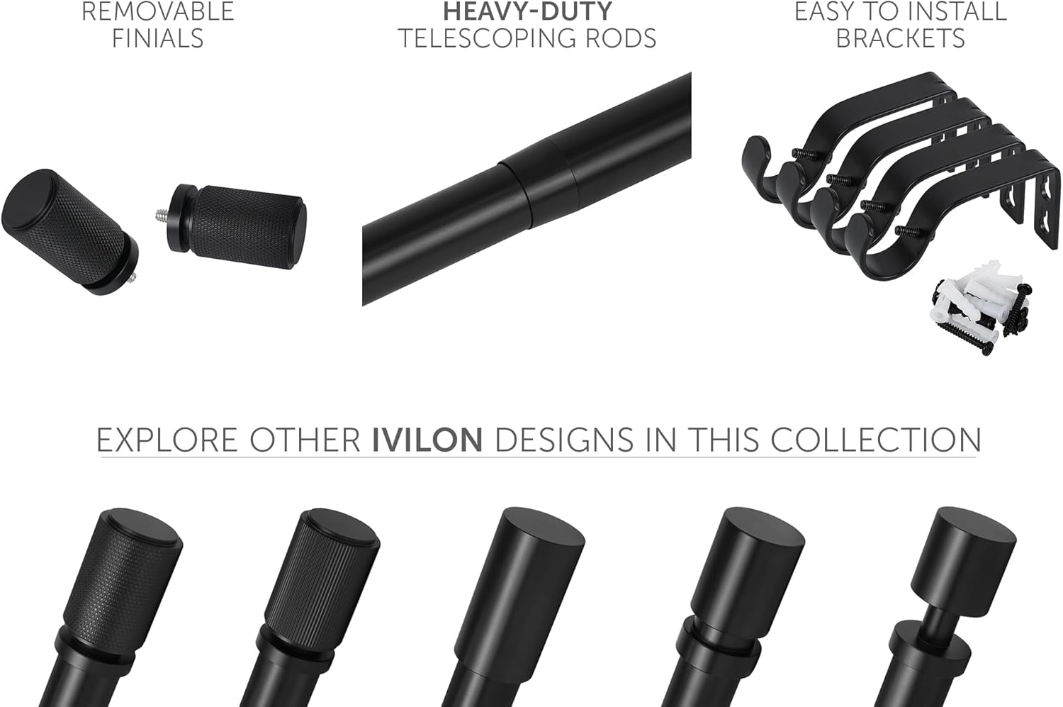 Ivilon Curtain Rods for Windows - Diamond Knurled End Cap, 1 inch Diameter, Telescoping Adjustable Curtain Rod, 72 to 144 Inches. Color Black